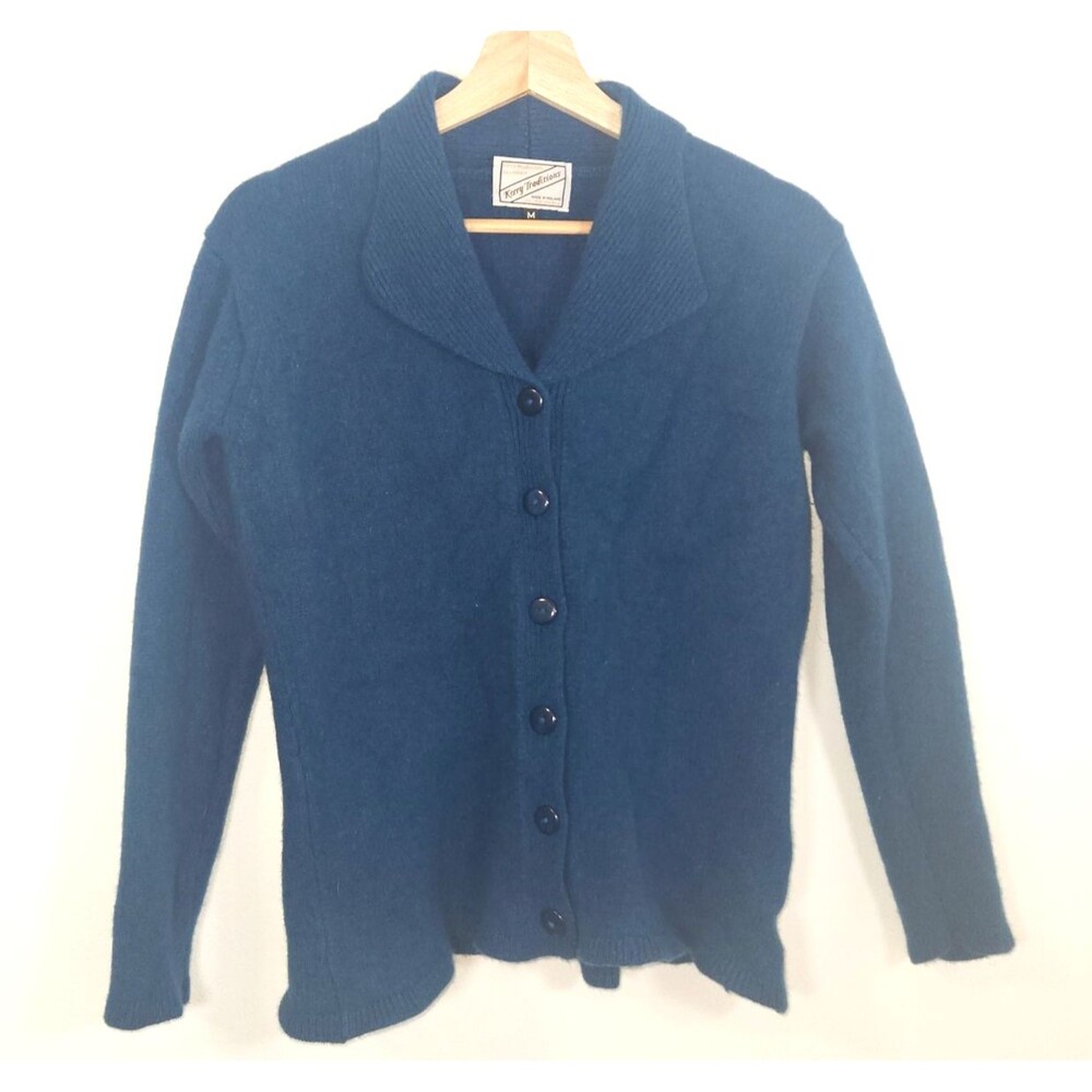Kerry Traditions Ireland 100% Wool Teal Blue Cowl Neck Cardigan *Small hole